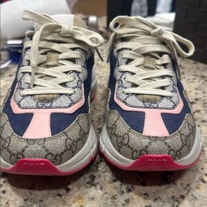 GUCCI GG RHYTON leather-trimmed low-top sneaker  navy, ivory, and pink panels.